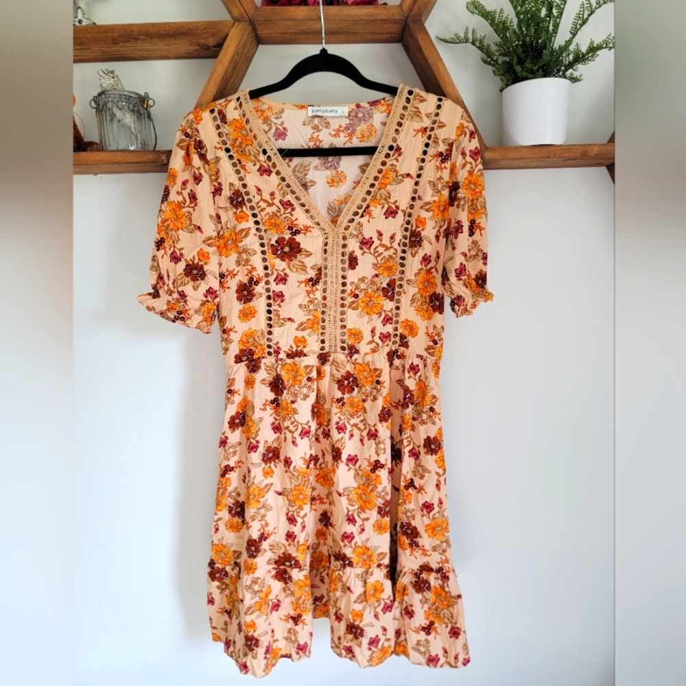 Floral V-Neck Short Sleeve Dress - Peach with Orange & Burgundy Flowers